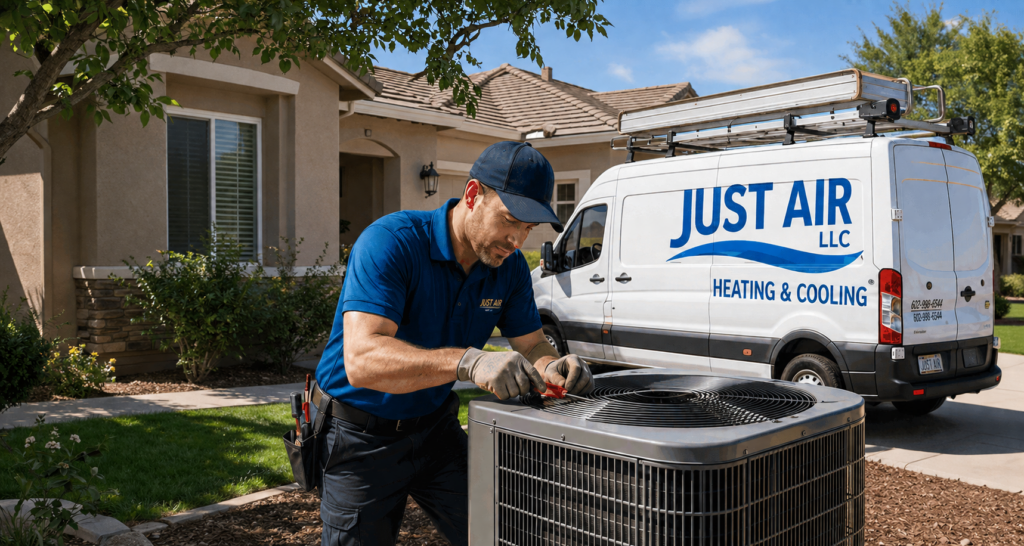 HVAC technician installing a new air conditioning system in a residential home