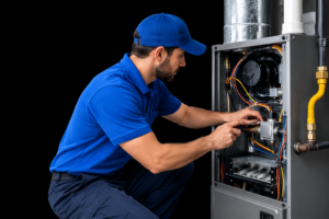 24-hour emergency heating repair technician in blue uniform repairing a heating machine.