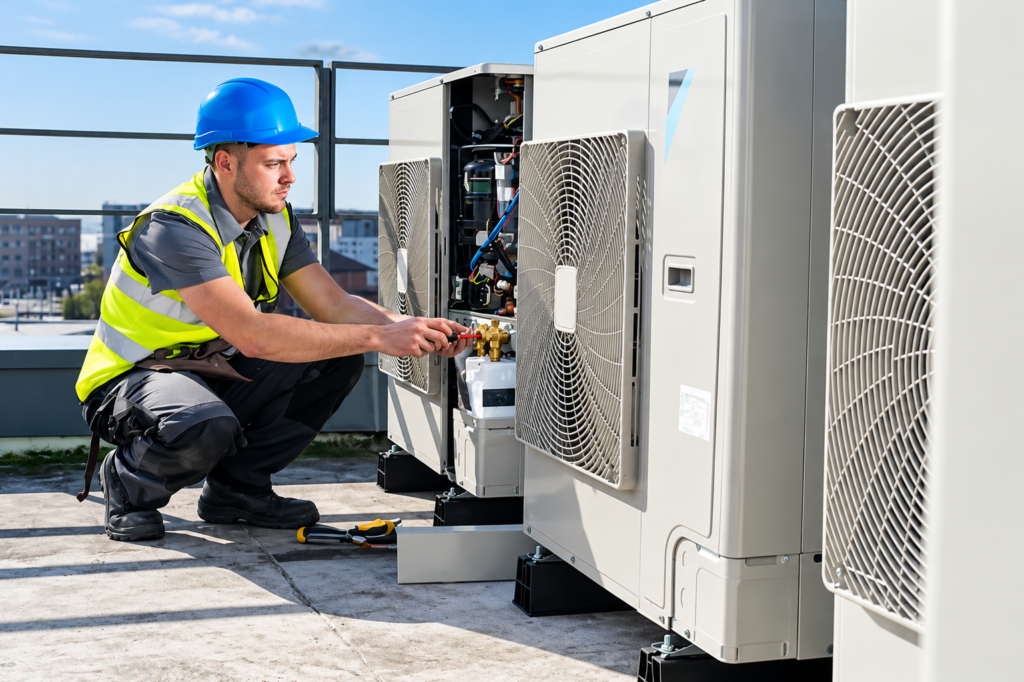 HVAC-Technician-Servicing-Rooftop-Unit-Heating-Maintenance