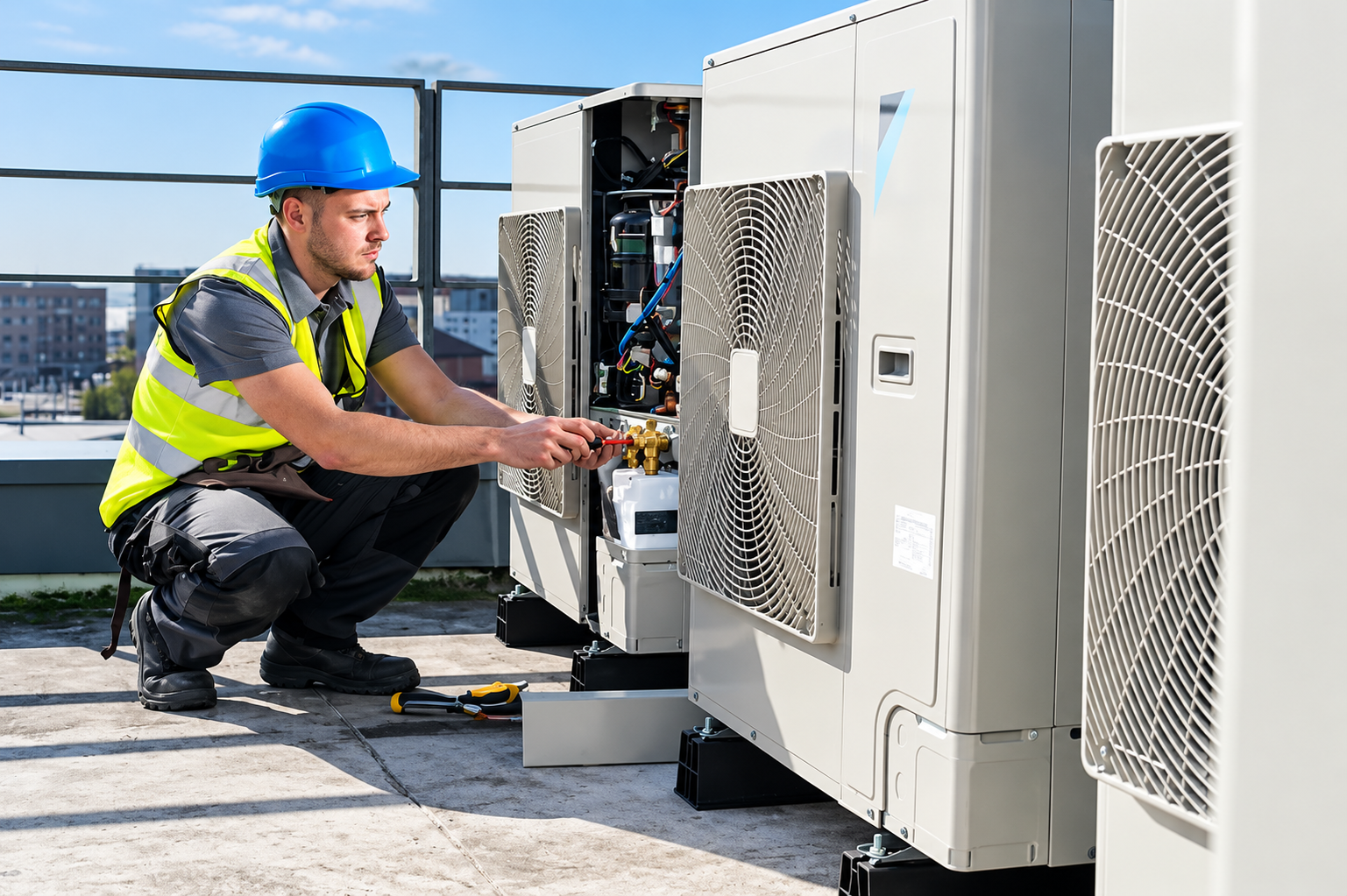 HVAC-Technician-Servicing-Rooftop-Unit-Heating-Maintenance